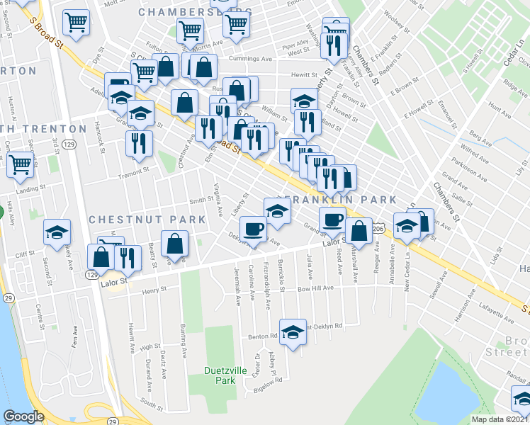 map of restaurants, bars, coffee shops, grocery stores, and more near 310 Dayton Street in Trenton