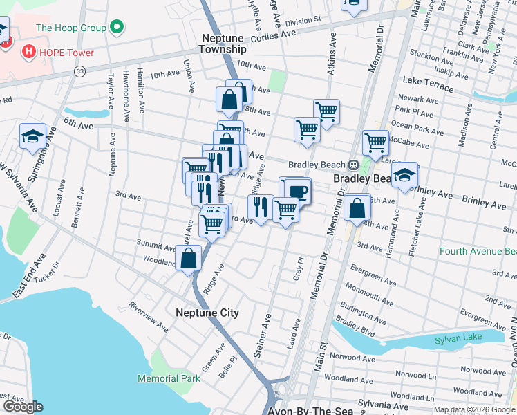 map of restaurants, bars, coffee shops, grocery stores, and more near 118 Ridge Avenue in Neptune City