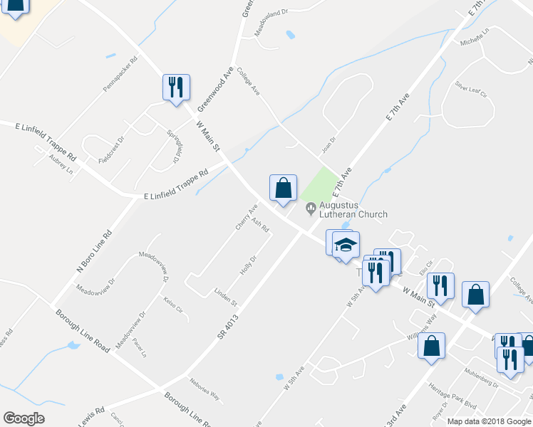 map of restaurants, bars, coffee shops, grocery stores, and more near 744 West Main Street in Collegeville