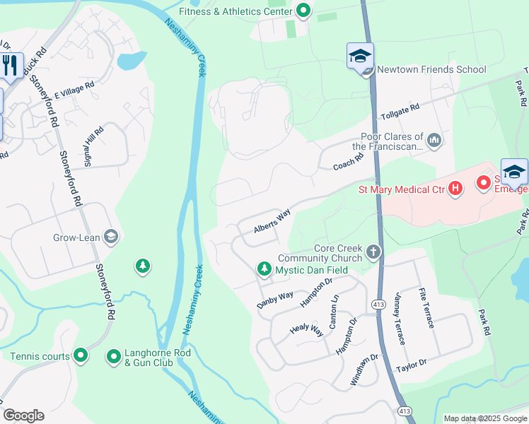 map of restaurants, bars, coffee shops, grocery stores, and more near 260 Cambridge Drive in Langhorne