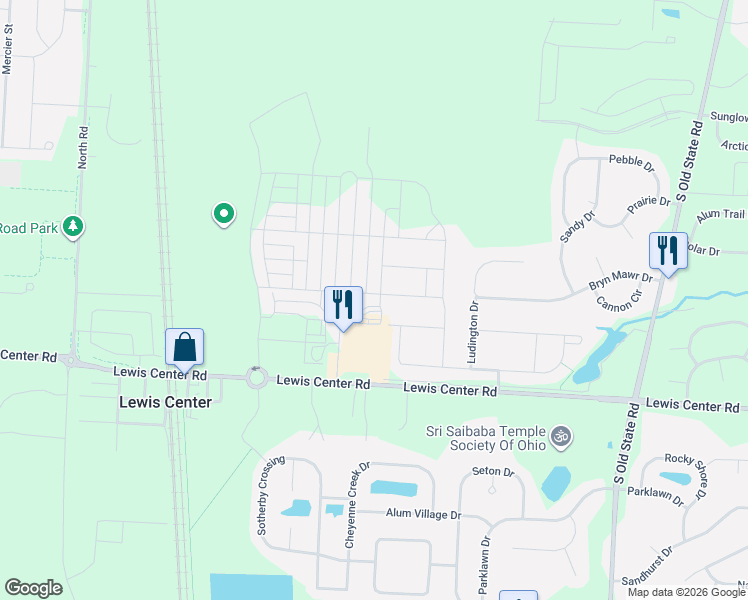 map of restaurants, bars, coffee shops, grocery stores, and more near 2168 Red Oak Street in Lewis Center