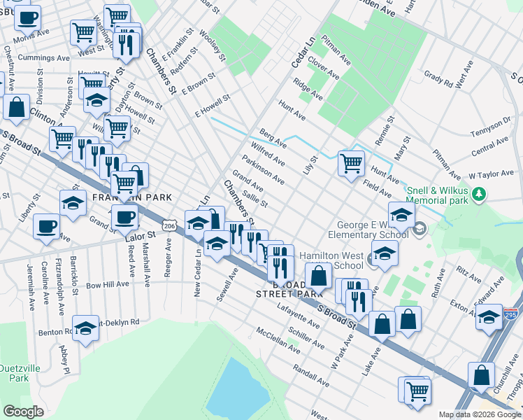 map of restaurants, bars, coffee shops, grocery stores, and more near 1010 William Street in Trenton