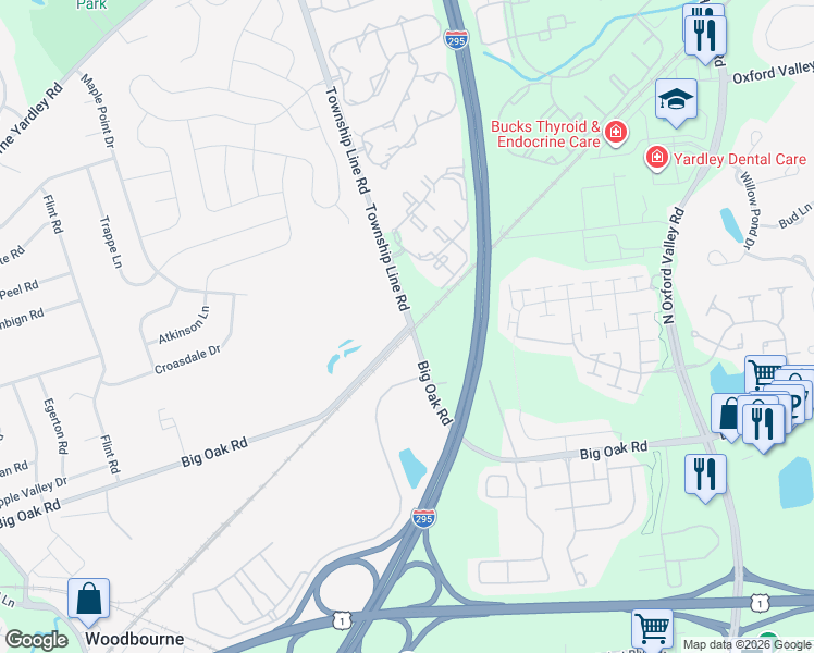 map of restaurants, bars, coffee shops, grocery stores, and more near 2398 Big Oak Rd in Langhorne