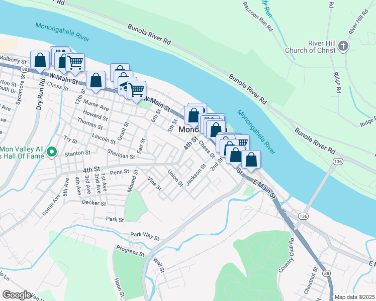 map of restaurants, bars, coffee shops, grocery stores, and more near 417 4th Street in Monongahela