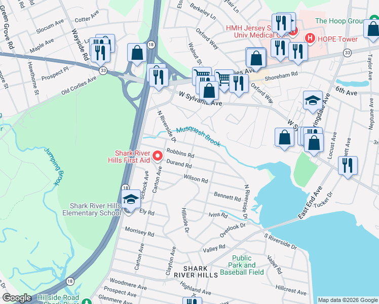 map of restaurants, bars, coffee shops, grocery stores, and more near 231 Robbins Road in Neptune City