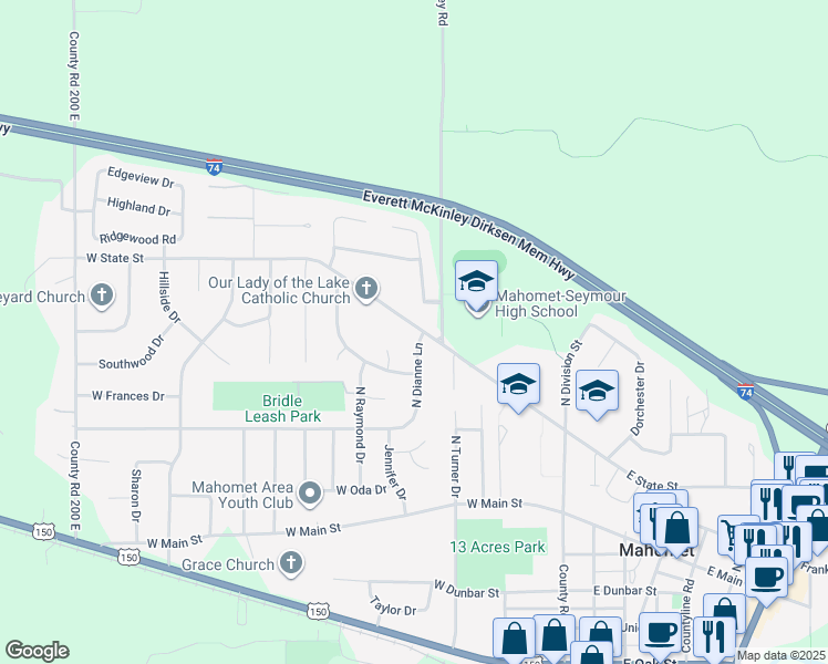 map of restaurants, bars, coffee shops, grocery stores, and more near 609 North Dianne Lane in Mahomet