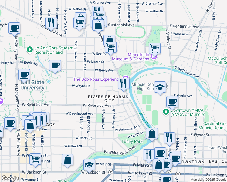 map of restaurants, bars, coffee shops, grocery stores, and more near 800 West Ace Street in Muncie