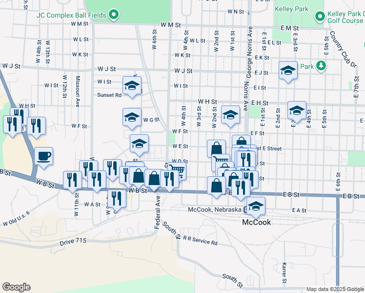 map of restaurants, bars, coffee shops, grocery stores, and more near 500 West E Street in McCook