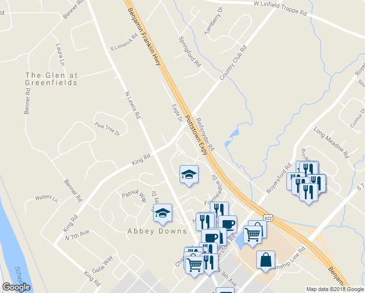 map of restaurants, bars, coffee shops, grocery stores, and more near 2309 Foxmeadow Circle in Royersford