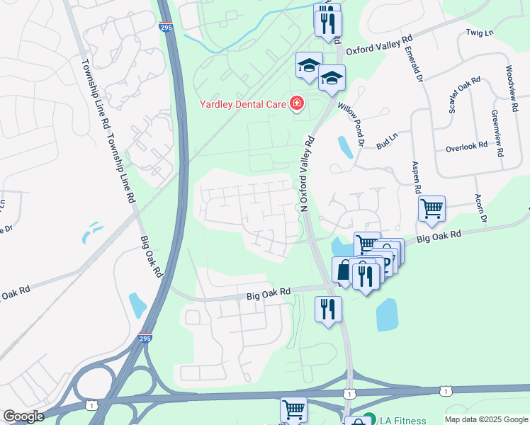 map of restaurants, bars, coffee shops, grocery stores, and more near 1694 Pierce Way in Yardley