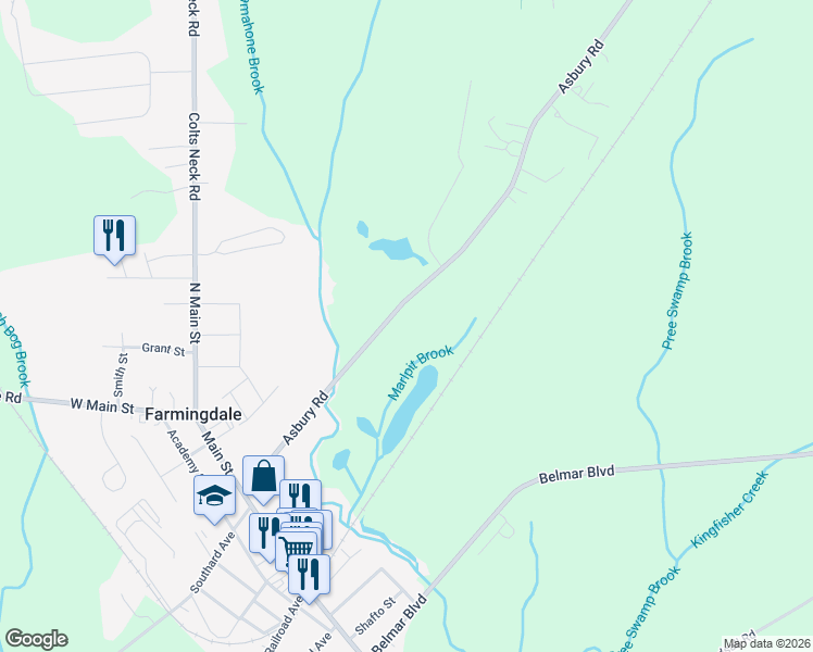 map of restaurants, bars, coffee shops, grocery stores, and more near 51 Asbury Road in Farmingdale