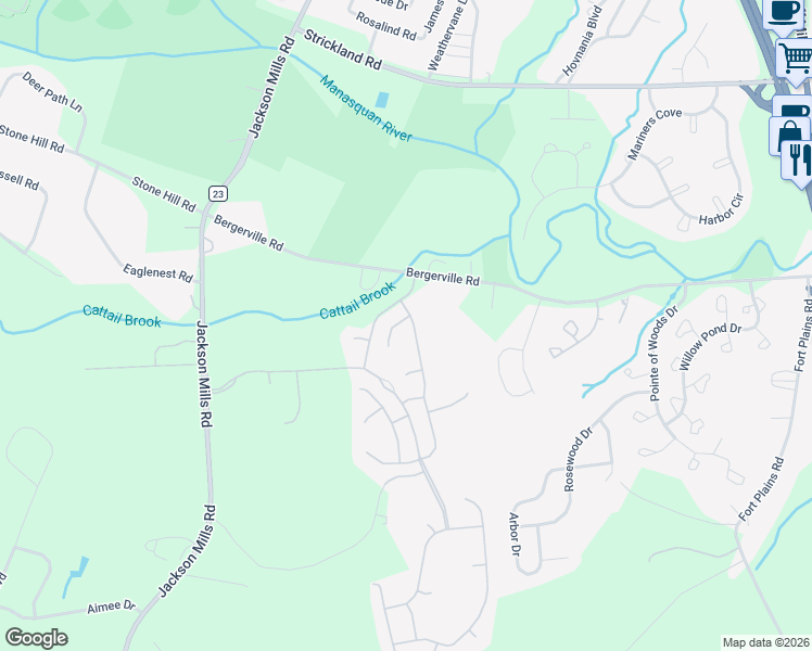 map of restaurants, bars, coffee shops, grocery stores, and more near 2 Exeter Drive in Freehold