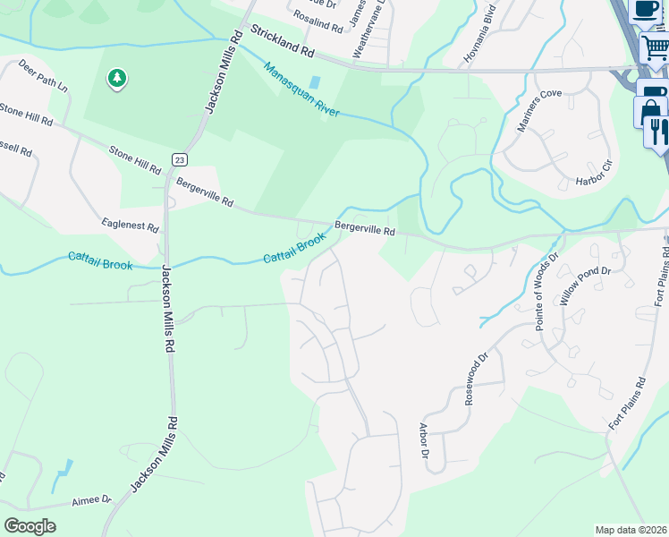 map of restaurants, bars, coffee shops, grocery stores, and more near 1 Belmont Court in Freehold Township