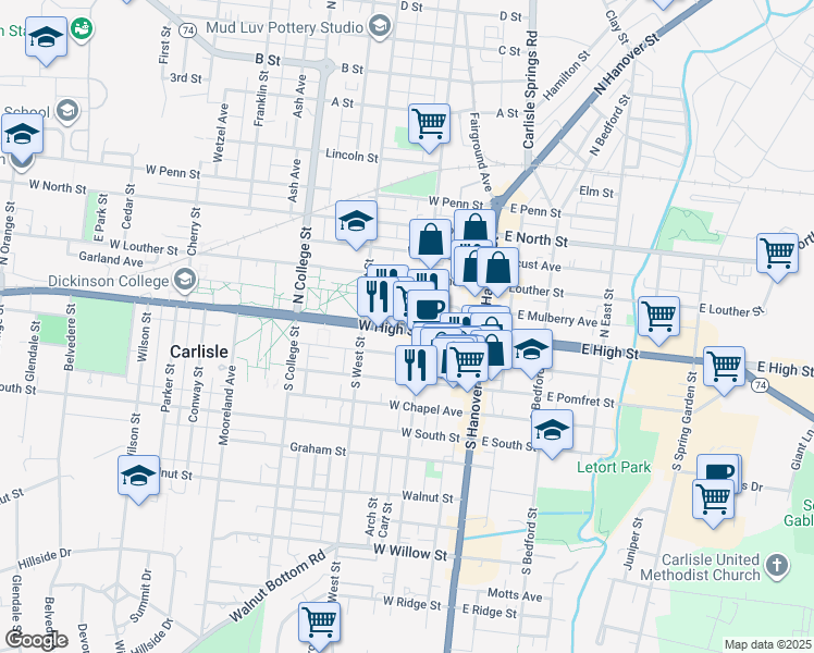 map of restaurants, bars, coffee shops, grocery stores, and more near 113 West High Street in Carlisle