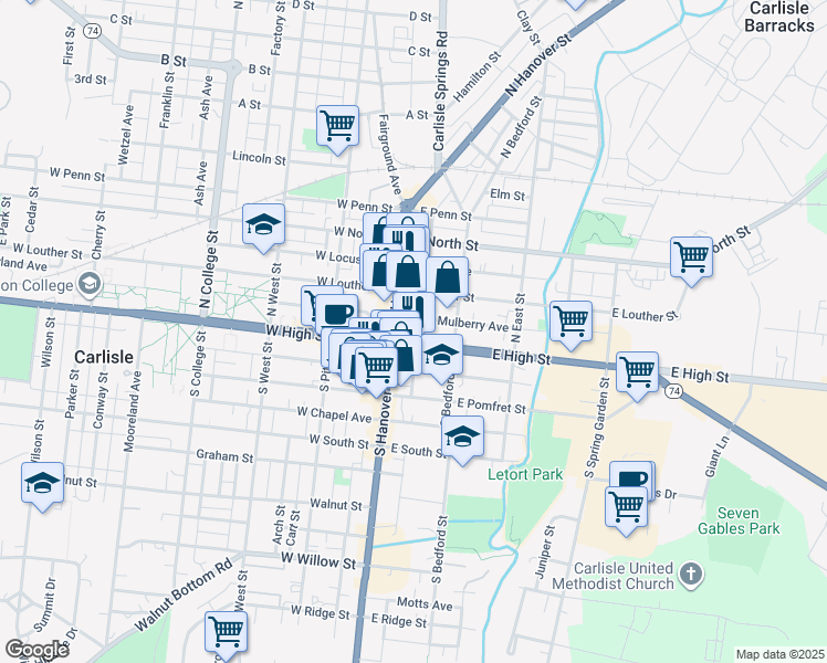 map of restaurants, bars, coffee shops, grocery stores, and more near 1986 Irvine Row in Carlisle