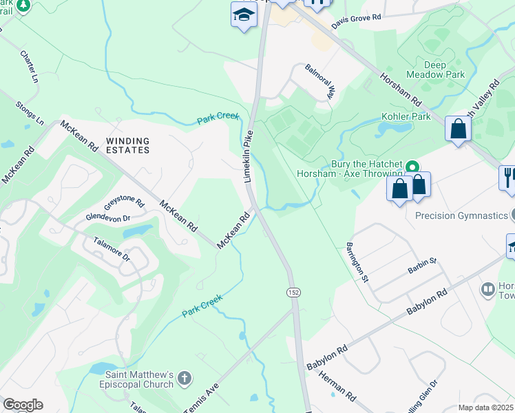 map of restaurants, bars, coffee shops, grocery stores, and more near 1036 Limekiln Pike in Maple Glen