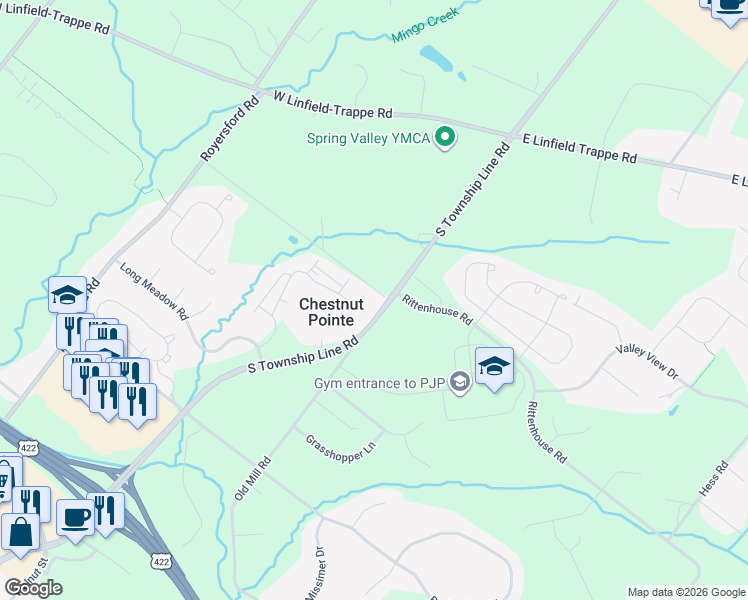 map of restaurants, bars, coffee shops, grocery stores, and more near 136 Souder Road in Royersford