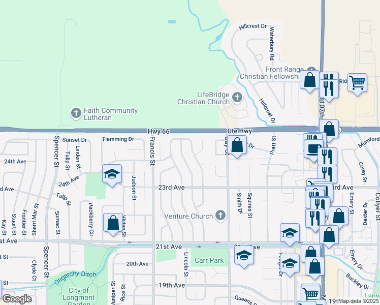 map of restaurants, bars, coffee shops, grocery stores, and more near 2407 Sunrise Drive in Longmont