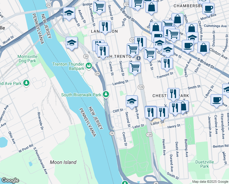 map of restaurants, bars, coffee shops, grocery stores, and more near 627 Centre Street in Trenton