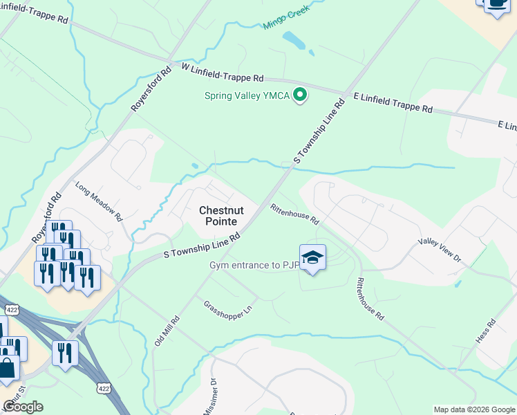 map of restaurants, bars, coffee shops, grocery stores, and more near 136 Souder Road in Royersford