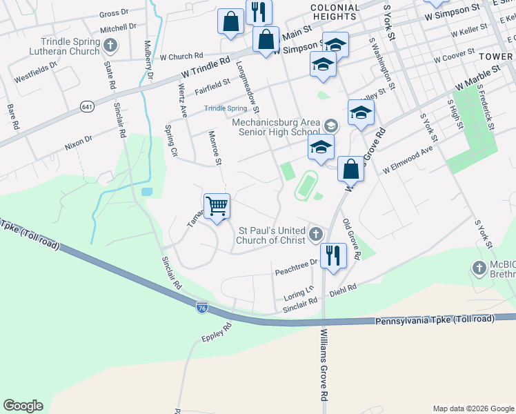 map of restaurants, bars, coffee shops, grocery stores, and more near 711 Evelyn Avenue in Mechanicsburg
