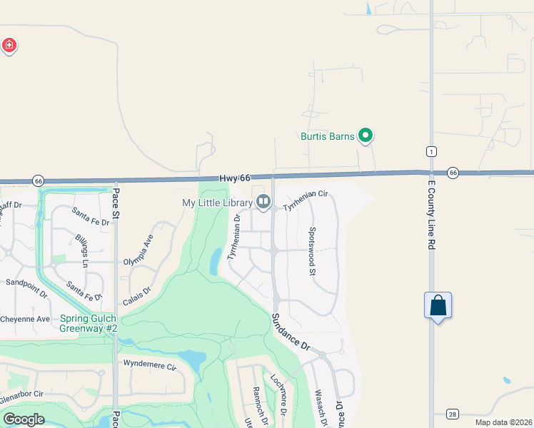 map of restaurants, bars, coffee shops, grocery stores, and more near 2441 Tyrrhenian Drive in Longmont