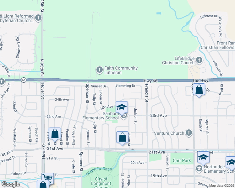 map of restaurants, bars, coffee shops, grocery stores, and more near 1720 Flemming Drive in Longmont