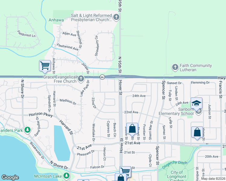 map of restaurants, bars, coffee shops, grocery stores, and more near 2313 24th Avenue in Longmont