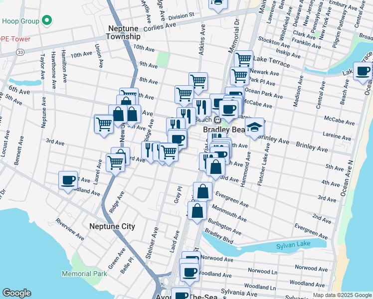 map of restaurants, bars, coffee shops, grocery stores, and more near 21 4th Avenue in Neptune City