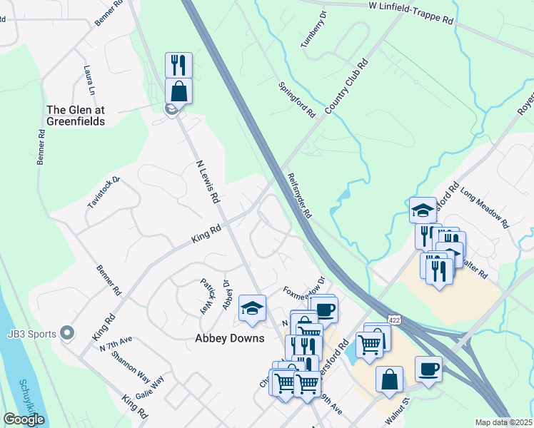 map of restaurants, bars, coffee shops, grocery stores, and more near 2213 Foxmeadow Drive in Royersford