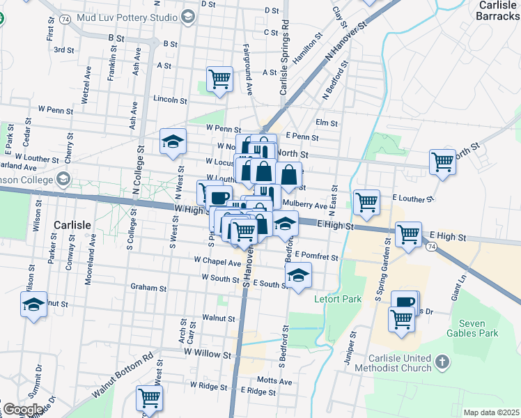 map of restaurants, bars, coffee shops, grocery stores, and more near 1986 Irvine Row in Carlisle