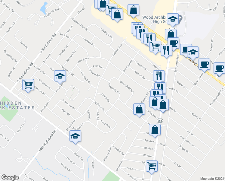 map of restaurants, bars, coffee shops, grocery stores, and more near 284 Magnolia Road in Warminster