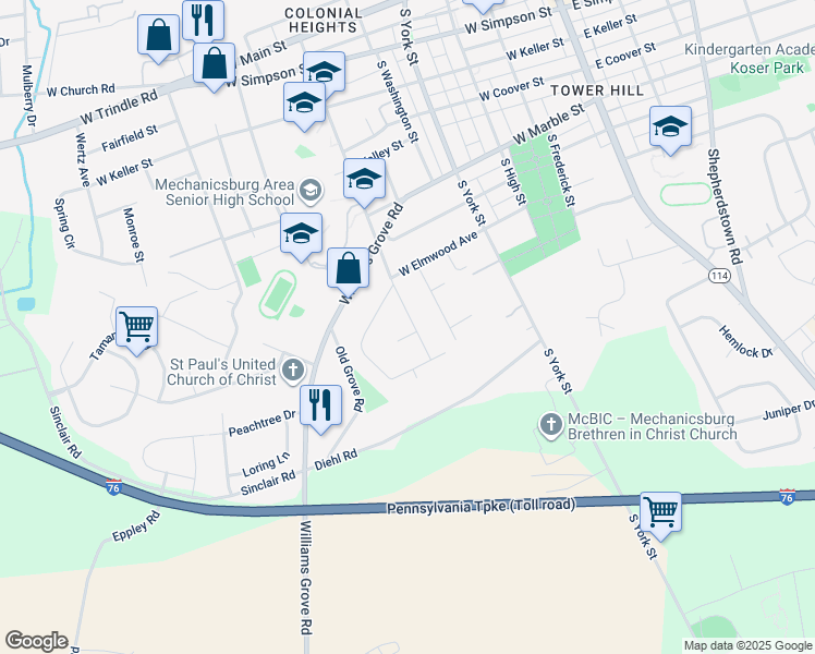 map of restaurants, bars, coffee shops, grocery stores, and more near 712 South Broad Street in Mechanicsburg