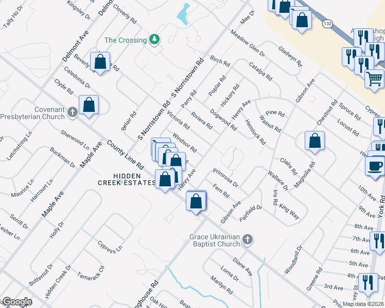 map of restaurants, bars, coffee shops, grocery stores, and more near 962 Windsor Road in Warminster
