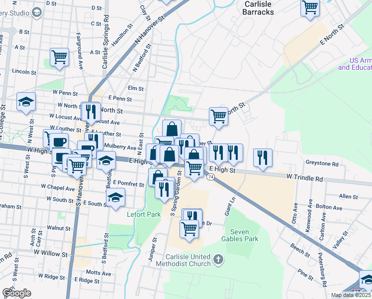 map of restaurants, bars, coffee shops, grocery stores, and more near 51 North Spring Garden Street in Carlisle