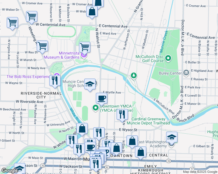 map of restaurants, bars, coffee shops, grocery stores, and more near 812 North Mulberry Street in Muncie