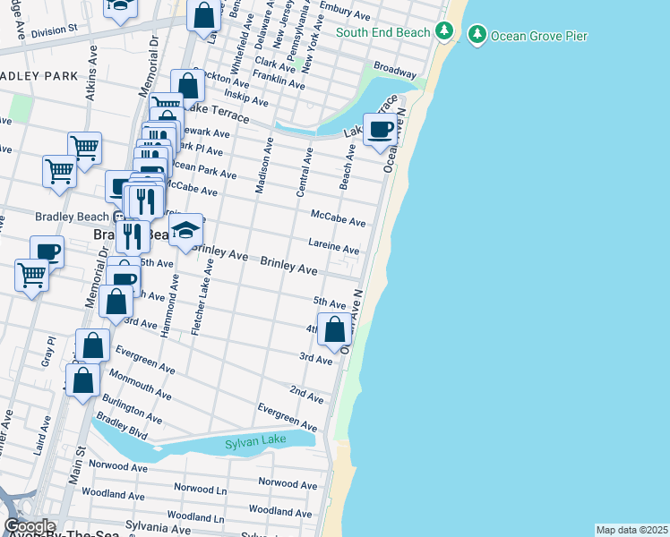 map of restaurants, bars, coffee shops, grocery stores, and more near 108 Brinley Avenue in Bradley Beach