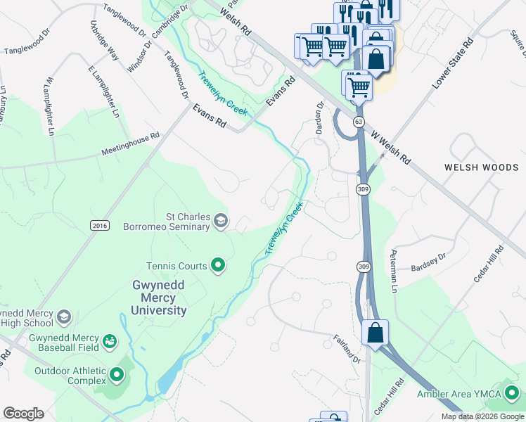 map of restaurants, bars, coffee shops, grocery stores, and more near 1385 Sloan Way in Gwynedd Valley