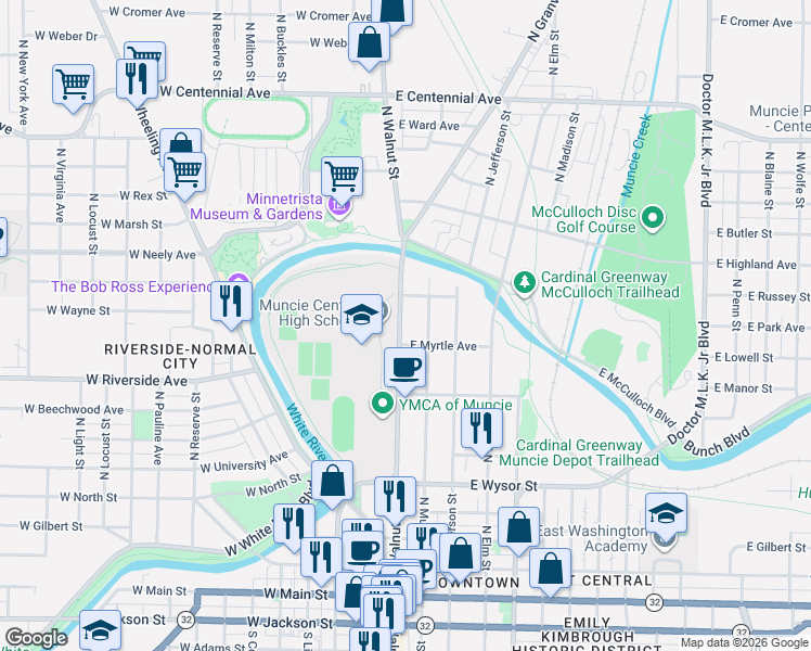 map of restaurants, bars, coffee shops, grocery stores, and more near 804 N Walnut St in Muncie