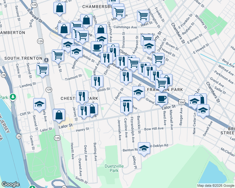 map of restaurants, bars, coffee shops, grocery stores, and more near 104 Liberty Street in Trenton