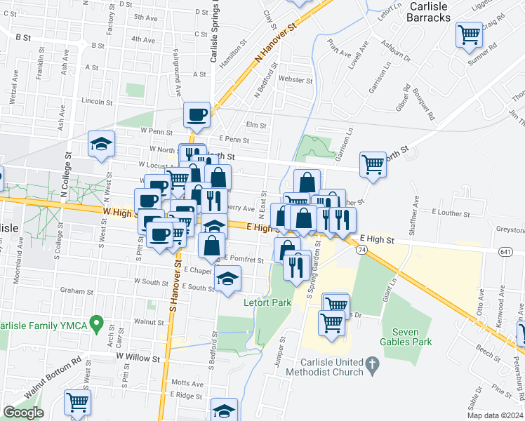 map of restaurants, bars, coffee shops, grocery stores, and more near 201 East Mulberry Avenue in Carlisle