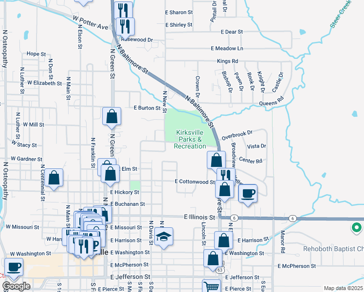 map of restaurants, bars, coffee shops, grocery stores, and more near 800 East Mill Street in Kirksville