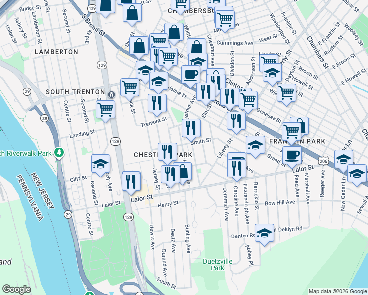 map of restaurants, bars, coffee shops, grocery stores, and more near 428 Home Avenue in Trenton