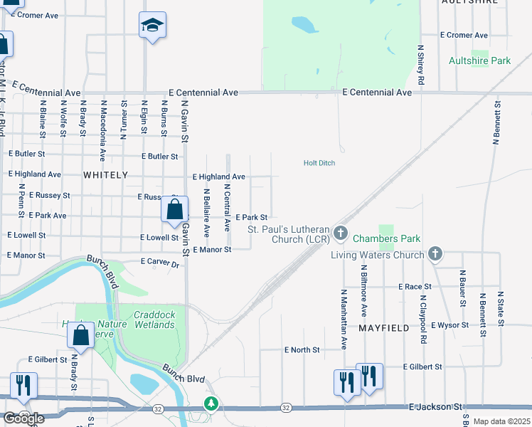 map of restaurants, bars, coffee shops, grocery stores, and more near 1001 North Hodson Avenue in Muncie