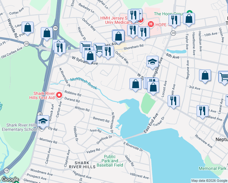 map of restaurants, bars, coffee shops, grocery stores, and more near 9 Overbrook Place in Neptune City