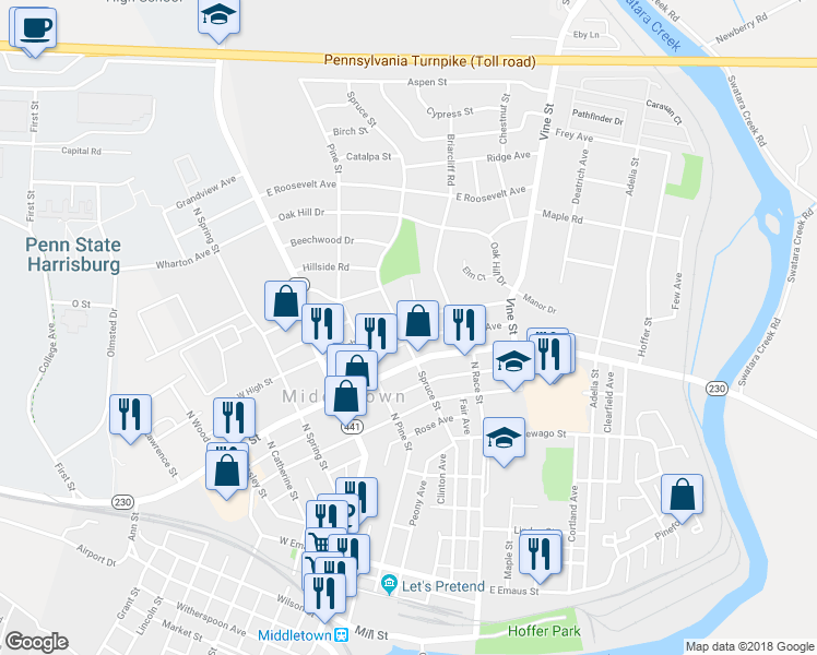 map of restaurants, bars, coffee shops, grocery stores, and more near 460 Spruce Street in Middletown