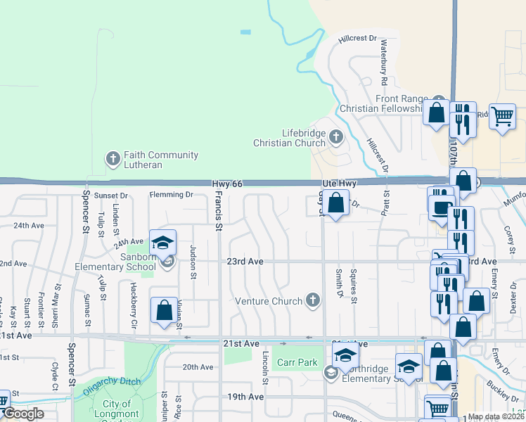 map of restaurants, bars, coffee shops, grocery stores, and more near 2362 Bowen Street in Longmont