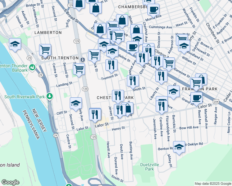 map of restaurants, bars, coffee shops, grocery stores, and more near in Trenton