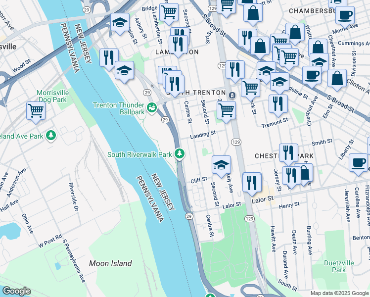 map of restaurants, bars, coffee shops, grocery stores, and more near 936 Lamberton Street in Trenton
