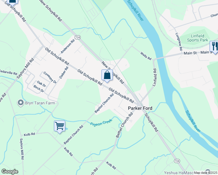 map of restaurants, bars, coffee shops, grocery stores, and more near 1546 Old Schuylkill Road in Spring City